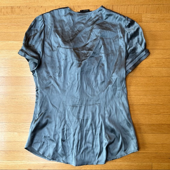 BCBGMAXAZRIA gun metal satin short sleeved blouse with ruffle detail - Picture 2 of 8